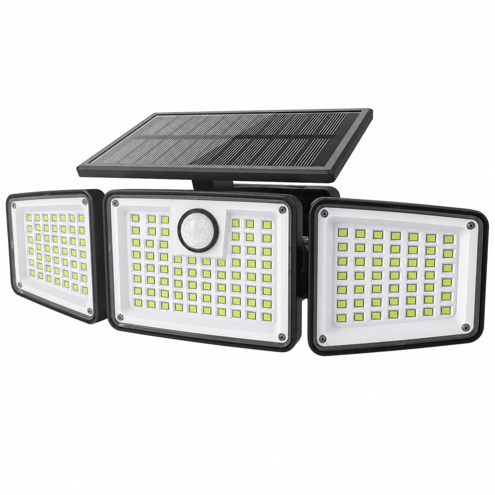 Solcellslampa med tre huvuden och rörelsesensor på vit bakgrund