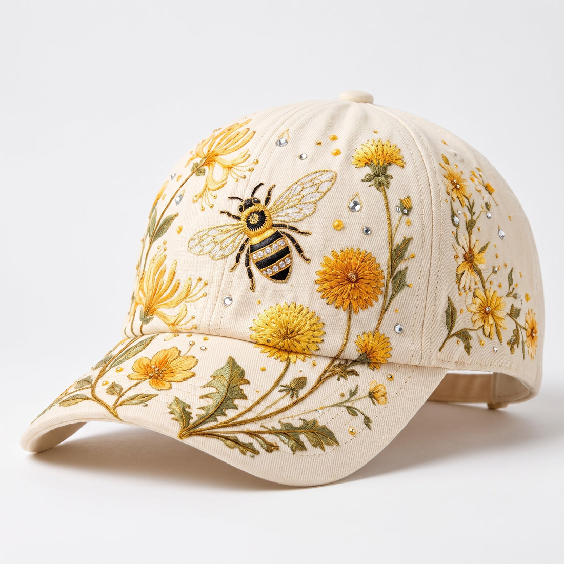 Beige basebollkeps med broderad humla och vildblommor