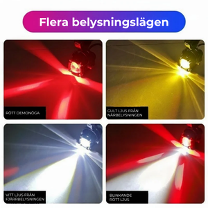 Fyra ljuslägen: rött, blinkande rött, gult och vitt ljus